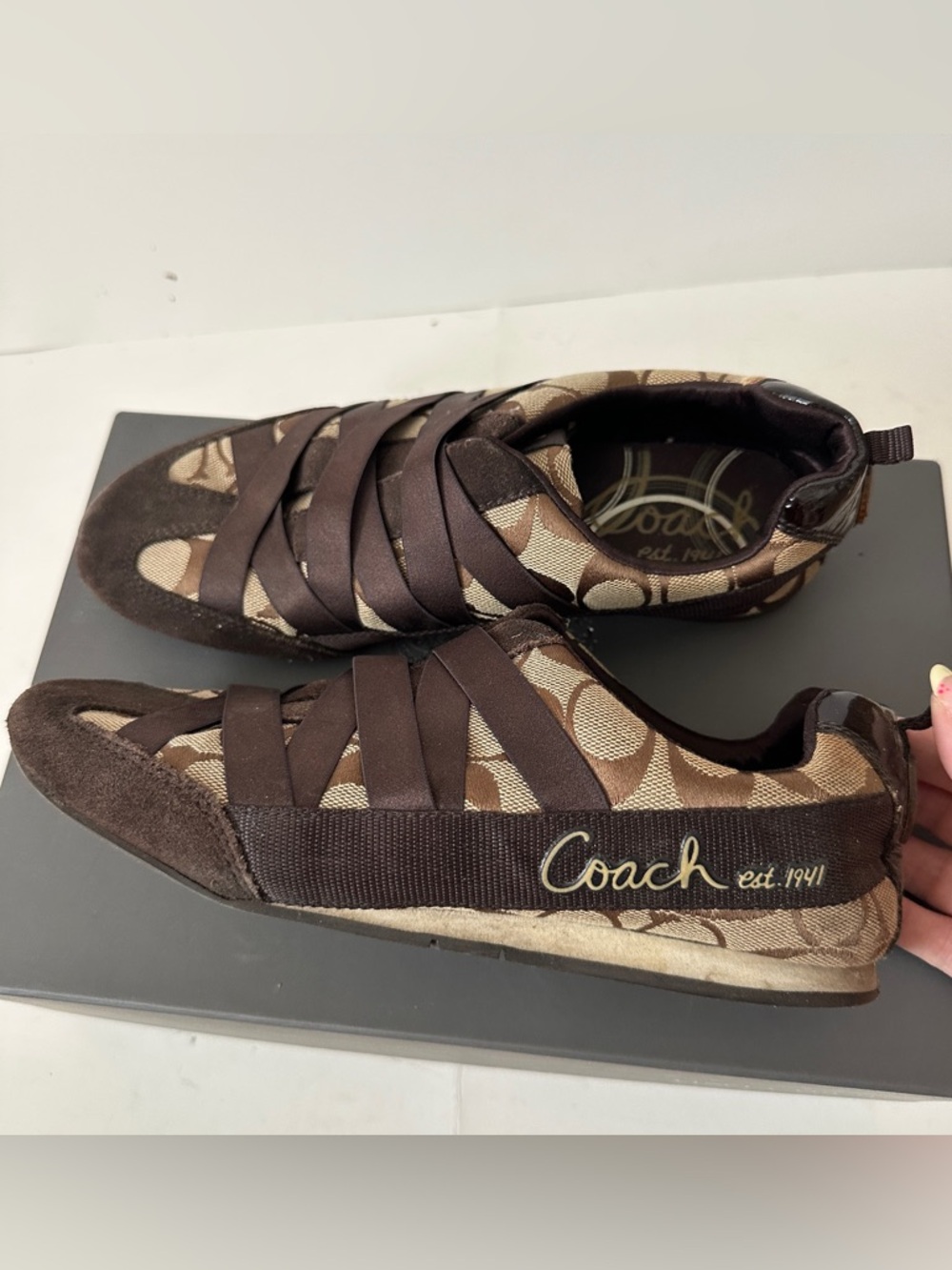 Coach Women’s Brown Tan Monogram Strappy Laced Ballet Slip On Sneakers Size 7